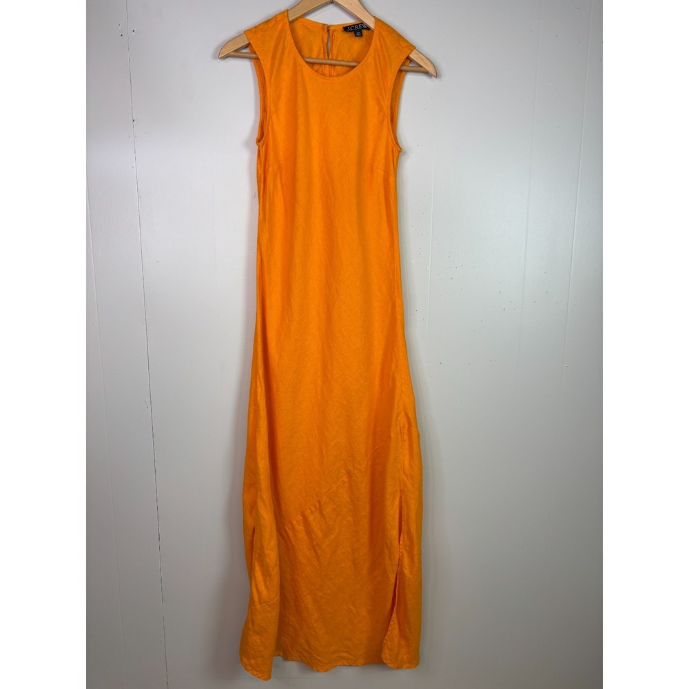 J. Crew Carolyn Maxi Dress XXS Orange 100% Linen Sleeveless Side Slits Travel